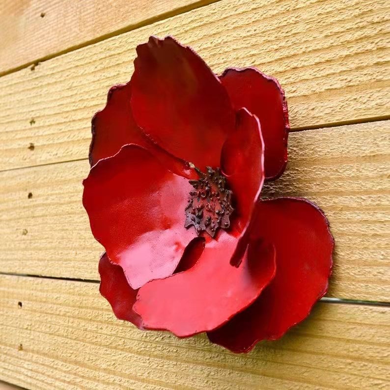 🌺🌺Giant Wall Hanging Poppy Set of 3 Red Metal Flowers Perfect Wall or Privacy Fence Accent