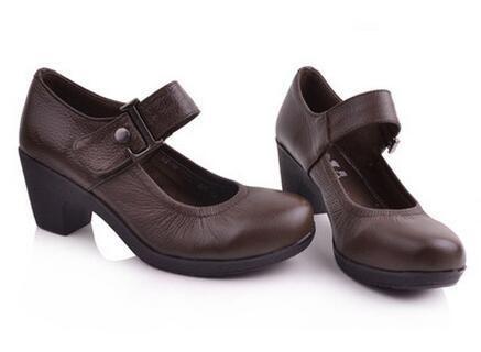 Women's Casual Shoes Brown Leather Pumps Round Toe Shallow