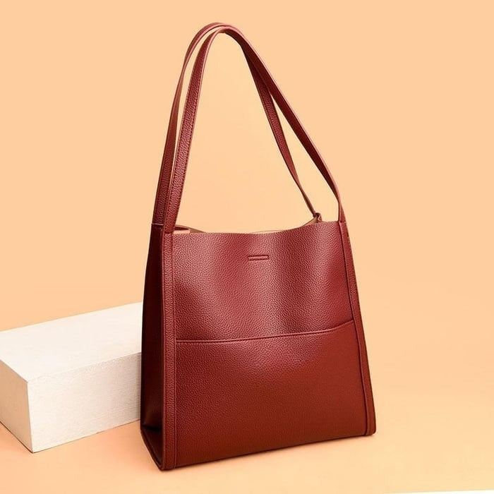 Solid color genuine leather shoulder bag