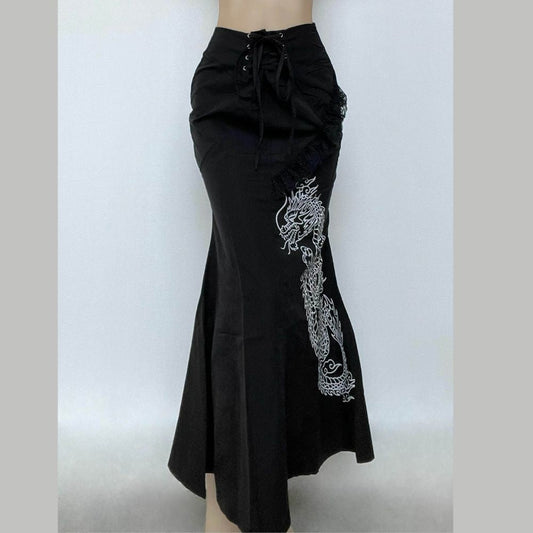 Dragon pattern lace up contrast lace hem maxi skirt grunge 90s Streetwear Disheveled Chic Fashion grunge 90s Streetwear Distressed Fashion