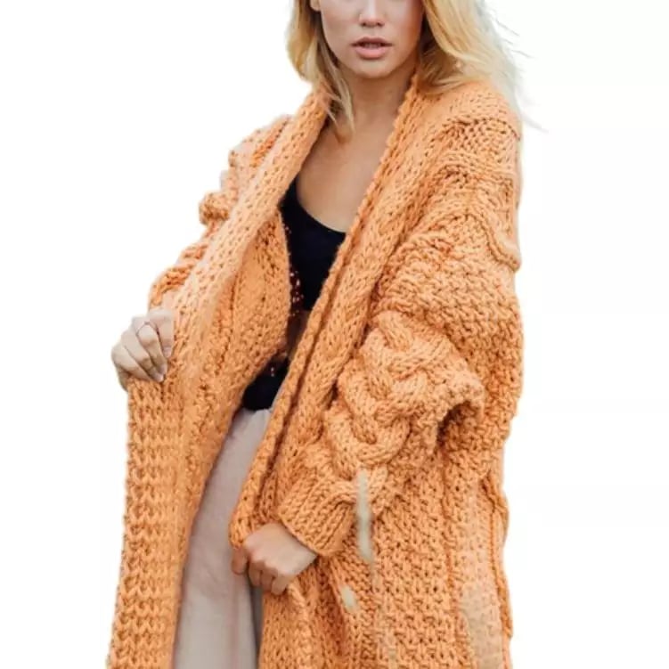 Long Sleeve Braid Knit Hooded Long Loose Cardigan