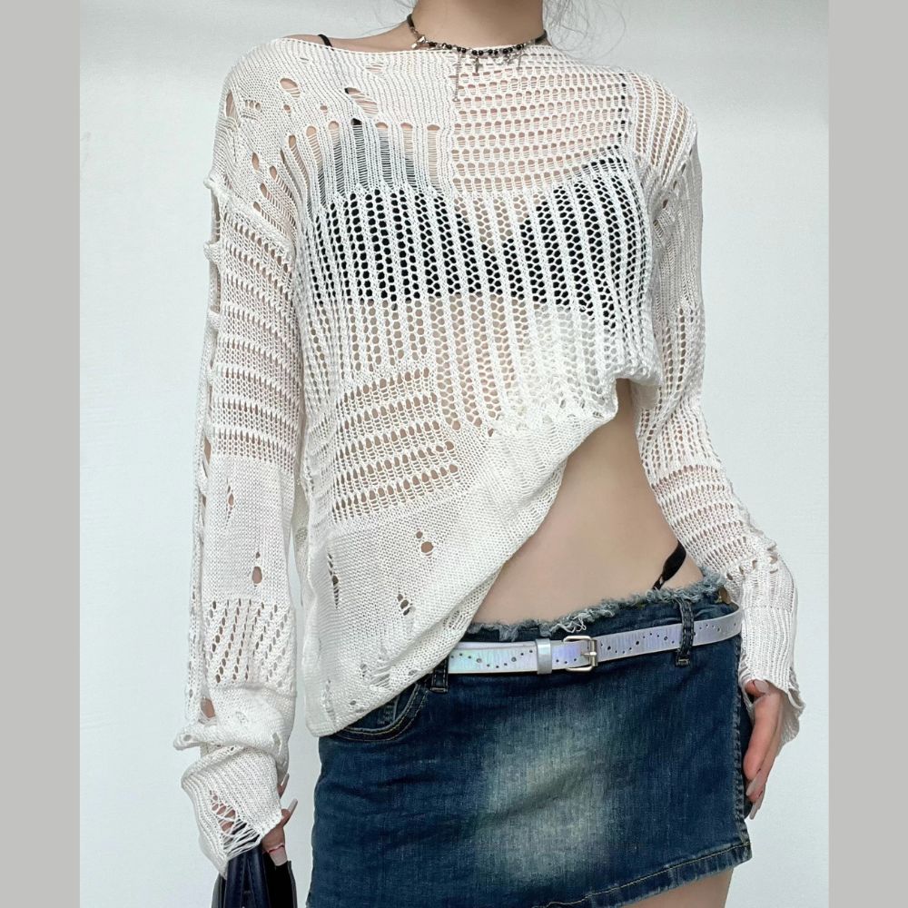 Crochet long sleeve solid hollow out top y2k 90s Revival Techno Fashion