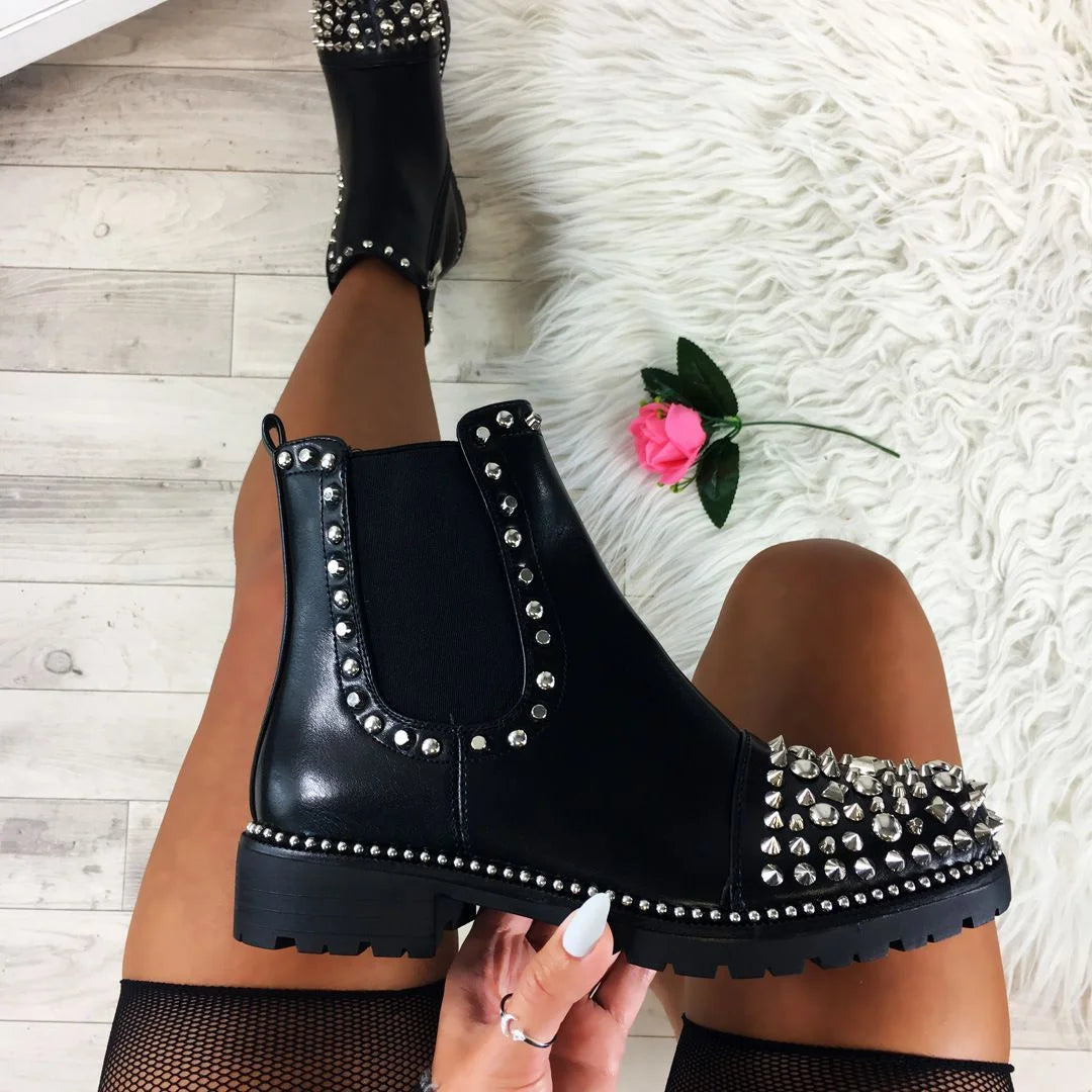 Women's ankle high black studded boots chunky chelsea boots