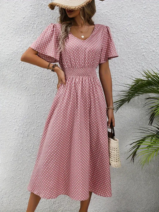 Allover Print Shirred Waist Dress, Casual Short Sleeve Dress