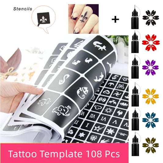 🤣Tattoo Template Stickers 108 Pcs + Temporary Tattoo Ink