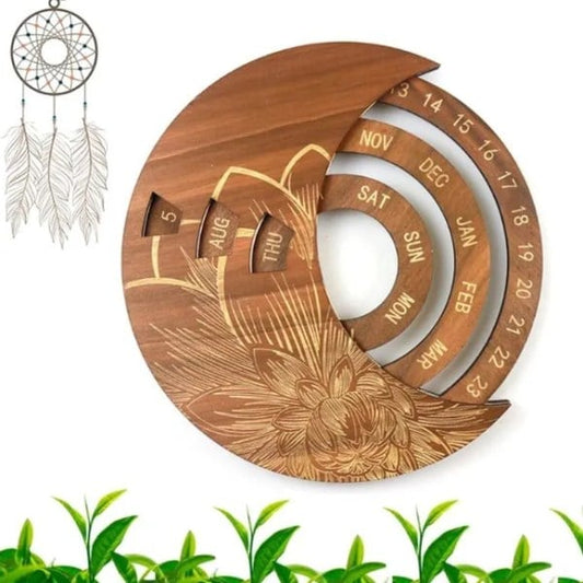 Round Wooden Moon Adjustable Perpetual Wall Calendar