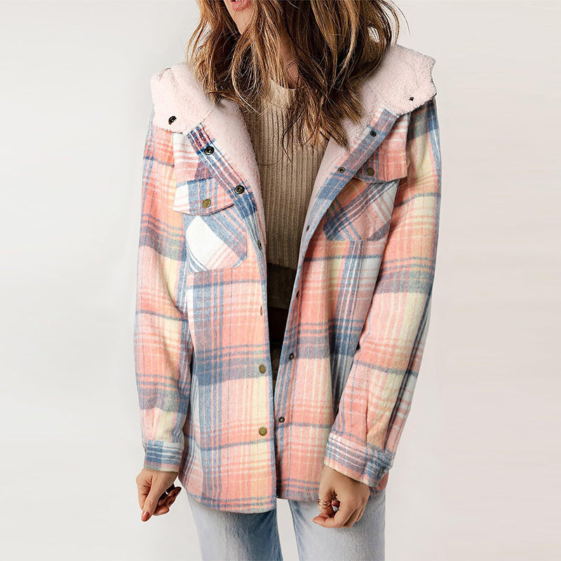 Women's Plaid Long Sleeve Fleece Hooded Jacket With Pockets