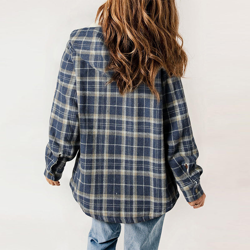 Women's Plaid Long Sleeve Fleece Hooded Jacket With Pockets