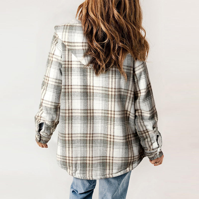 Women's Plaid Long Sleeve Fleece Hooded Jacket With Pockets