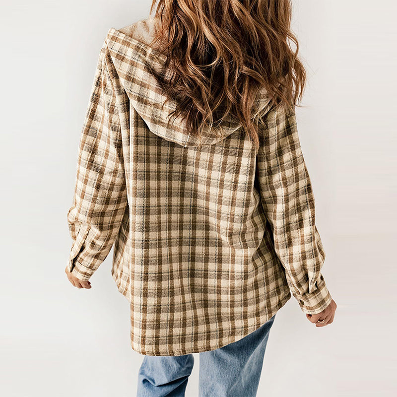 Women's Plaid Long Sleeve Fleece Hooded Jacket With Pockets