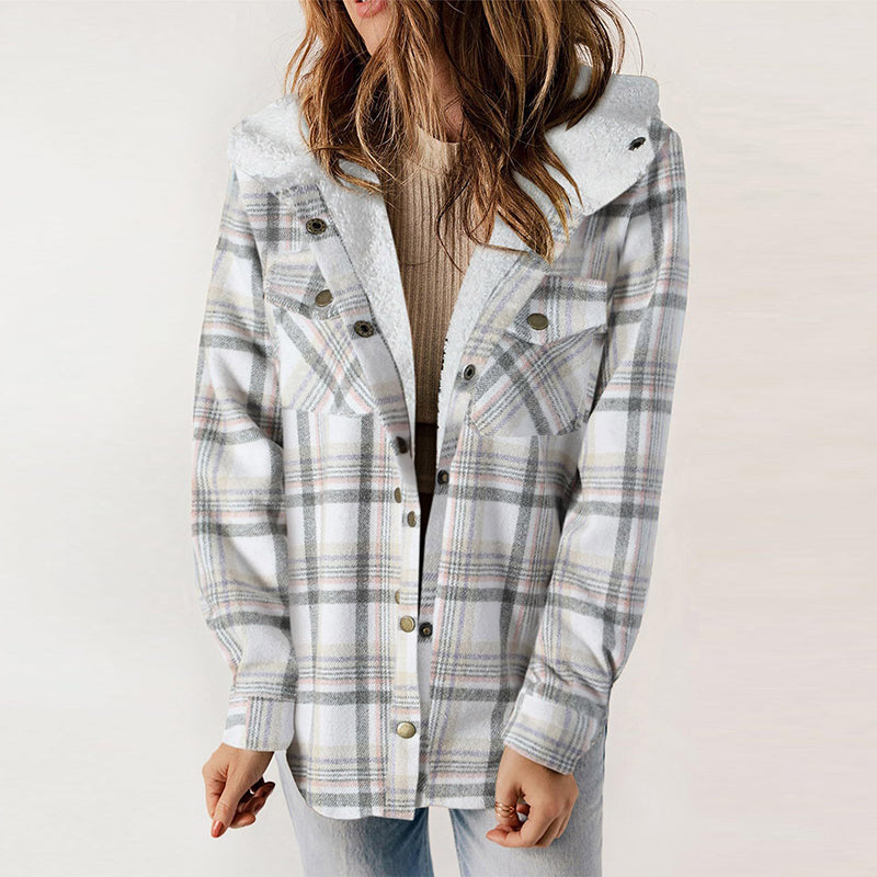 Women's Plaid Long Sleeve Fleece Hooded Jacket With Pockets