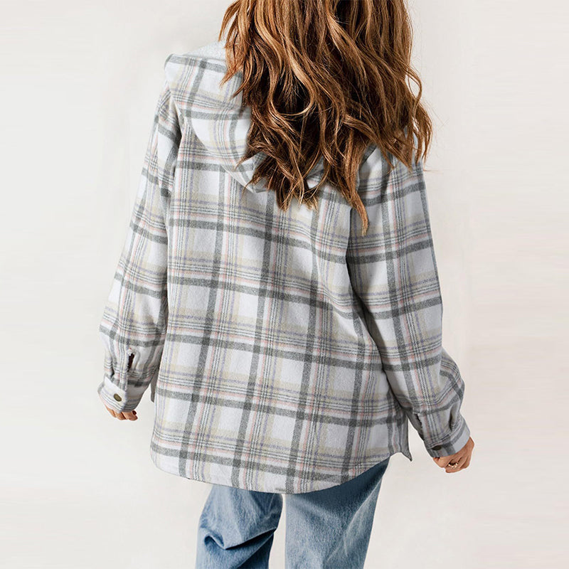 Women's Plaid Long Sleeve Fleece Hooded Jacket With Pockets