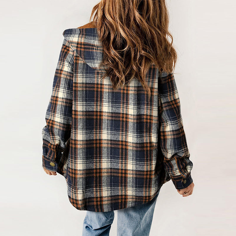 Women's Plaid Long Sleeve Fleece Hooded Jacket With Pockets