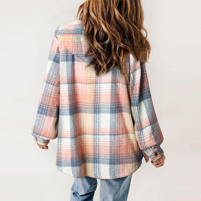 Women's Plaid Long Sleeve Fleece Hooded Jacket With Pockets