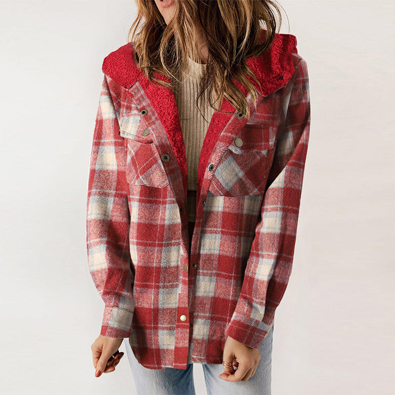 Women's Plaid Long Sleeve Fleece Hooded Jacket With Pockets