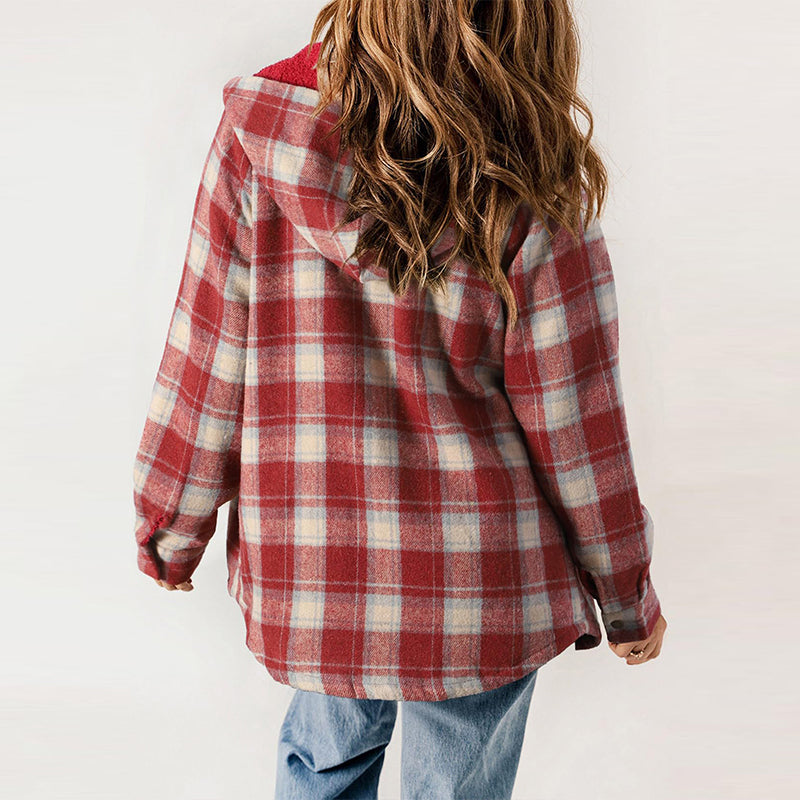 Women's Plaid Long Sleeve Fleece Hooded Jacket With Pockets