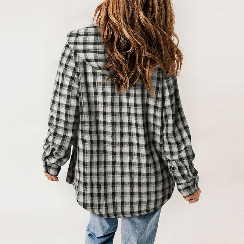 Women's Plaid Long Sleeve Fleece Hooded Jacket With Pockets