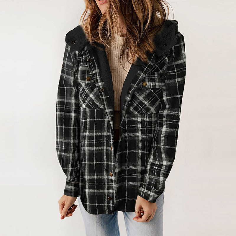 Women's Plaid Long Sleeve Fleece Hooded Jacket With Pockets