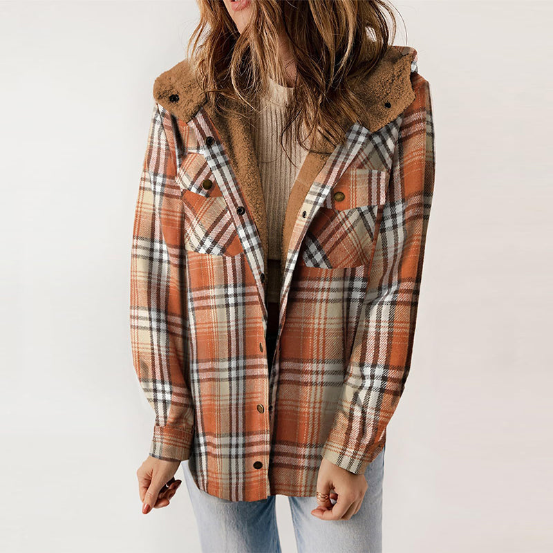 Women's Plaid Long Sleeve Fleece Hooded Jacket With Pockets