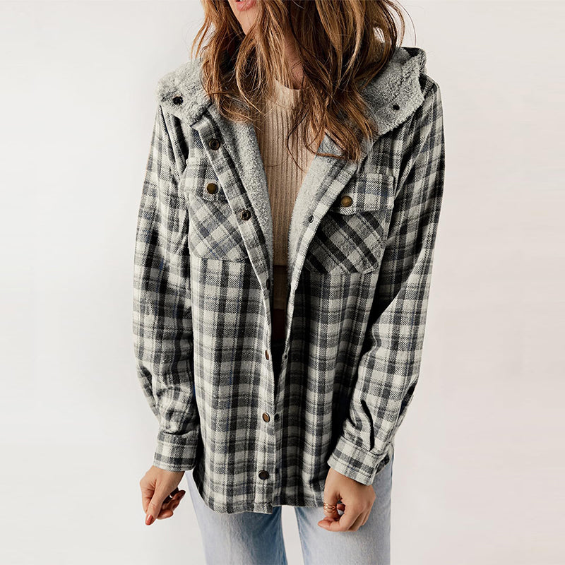 Women's Plaid Long Sleeve Fleece Hooded Jacket With Pockets