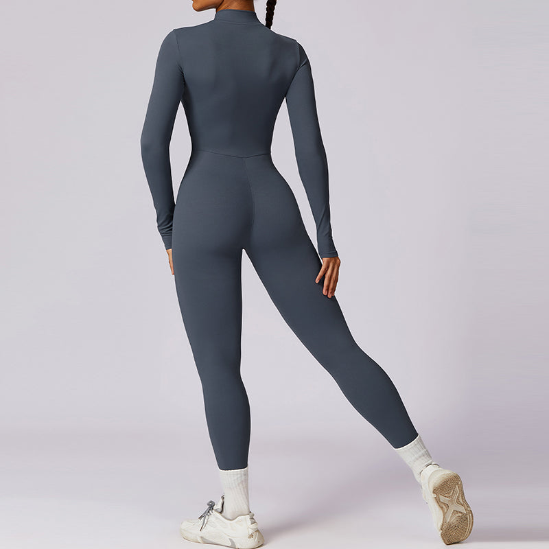 Women's Solid Zip Up Long Sleeve Sports Jumpsuit