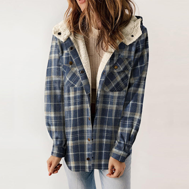 Women's Plaid Long Sleeve Fleece Hooded Jacket With Pockets