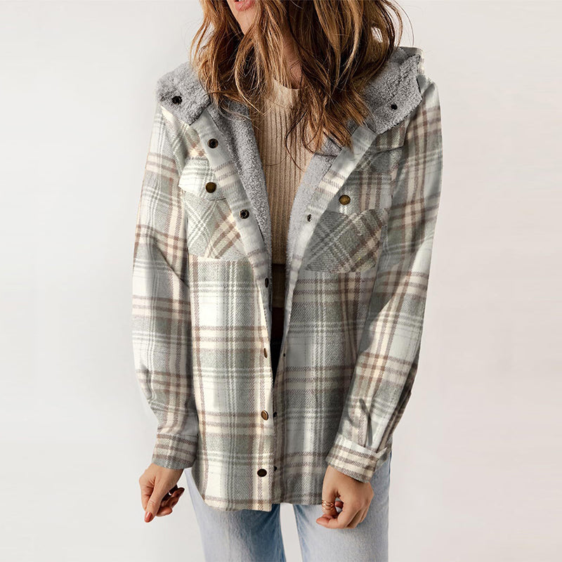 Women's Plaid Long Sleeve Fleece Hooded Jacket With Pockets