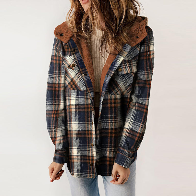 Women's Plaid Long Sleeve Fleece Hooded Jacket With Pockets