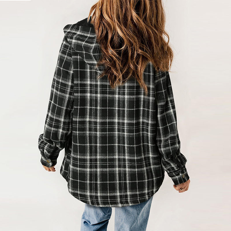 Women's Plaid Long Sleeve Fleece Hooded Jacket With Pockets