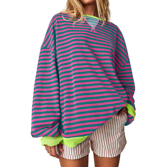 WOMEN'S OVERSIZED STRIPED LONG SLEEVE PULLOVER