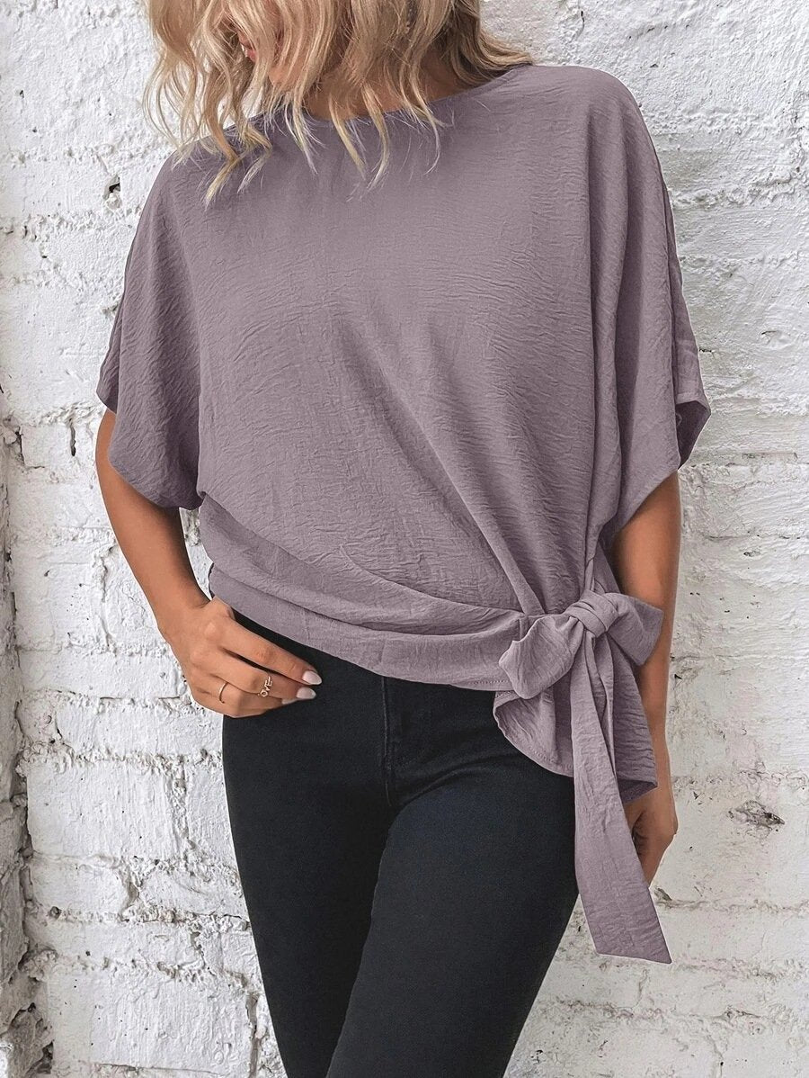 🌷Women's cotton and linen crewneck tie knot top