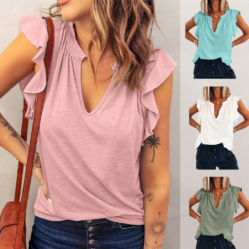 🔥Women's Deep V-Neck Ruffle Sleeve T-Shirt