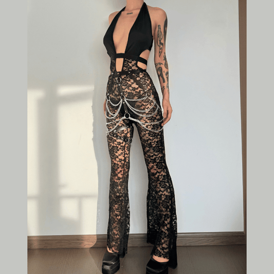 Lace see through halter backless low cut patchwork jumpsuit goth Emo Darkwave Fashion