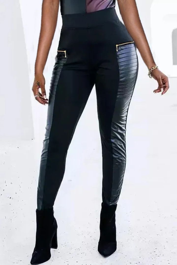 [🔥Buy 2 Free Shipping🔥]Women PU Leather Contrast Zipper Design High Waist Skinny Pants