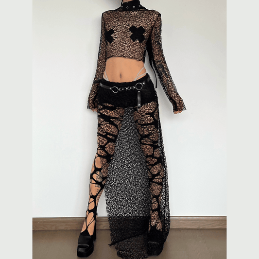 Long sleeve fishnet see through high slit maxi skirt set