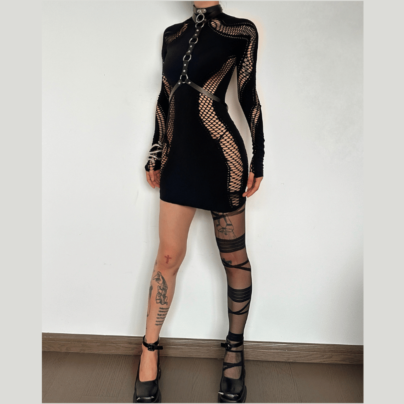 Hollow out solid long sleeve fishnet high neck mini dress