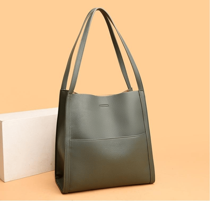 Solid color genuine leather shoulder bag