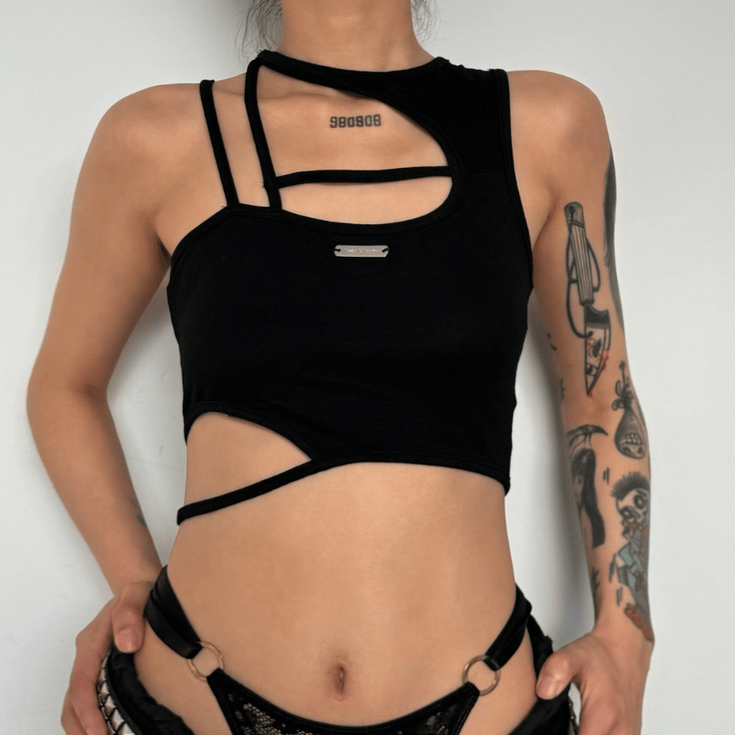 Hollow out irregular solid crop top goth Alternative Darkwave Fashion goth Emo Darkwave Fashion