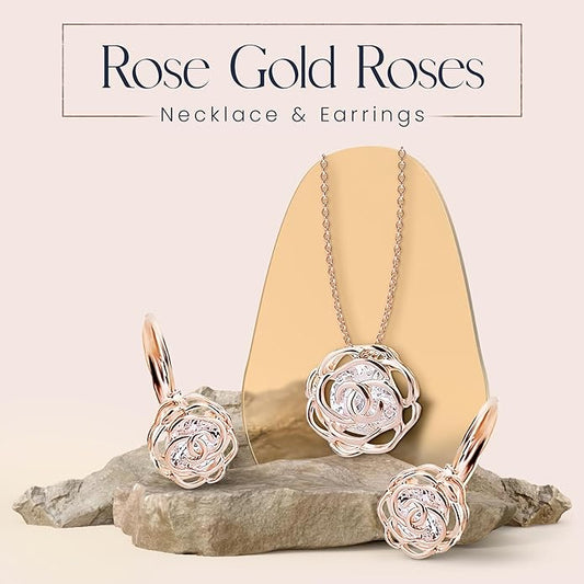 Gold Plated White Crystal Roses Flowers Necklace and Earrings Set