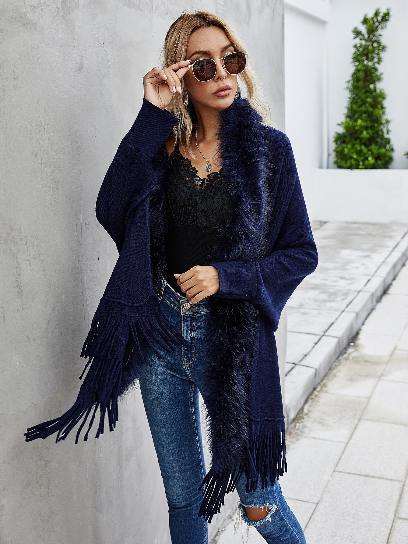 Autumn and Winter Women's Long-sleeved Round Neck New Fur Collar Shawl Cardigan Sweater Coat