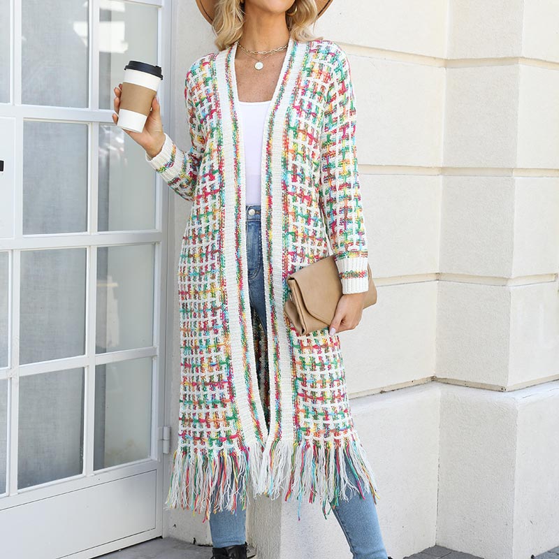 Women’s Elegant Knitted Cardigan Shawl with Tassel Hemline