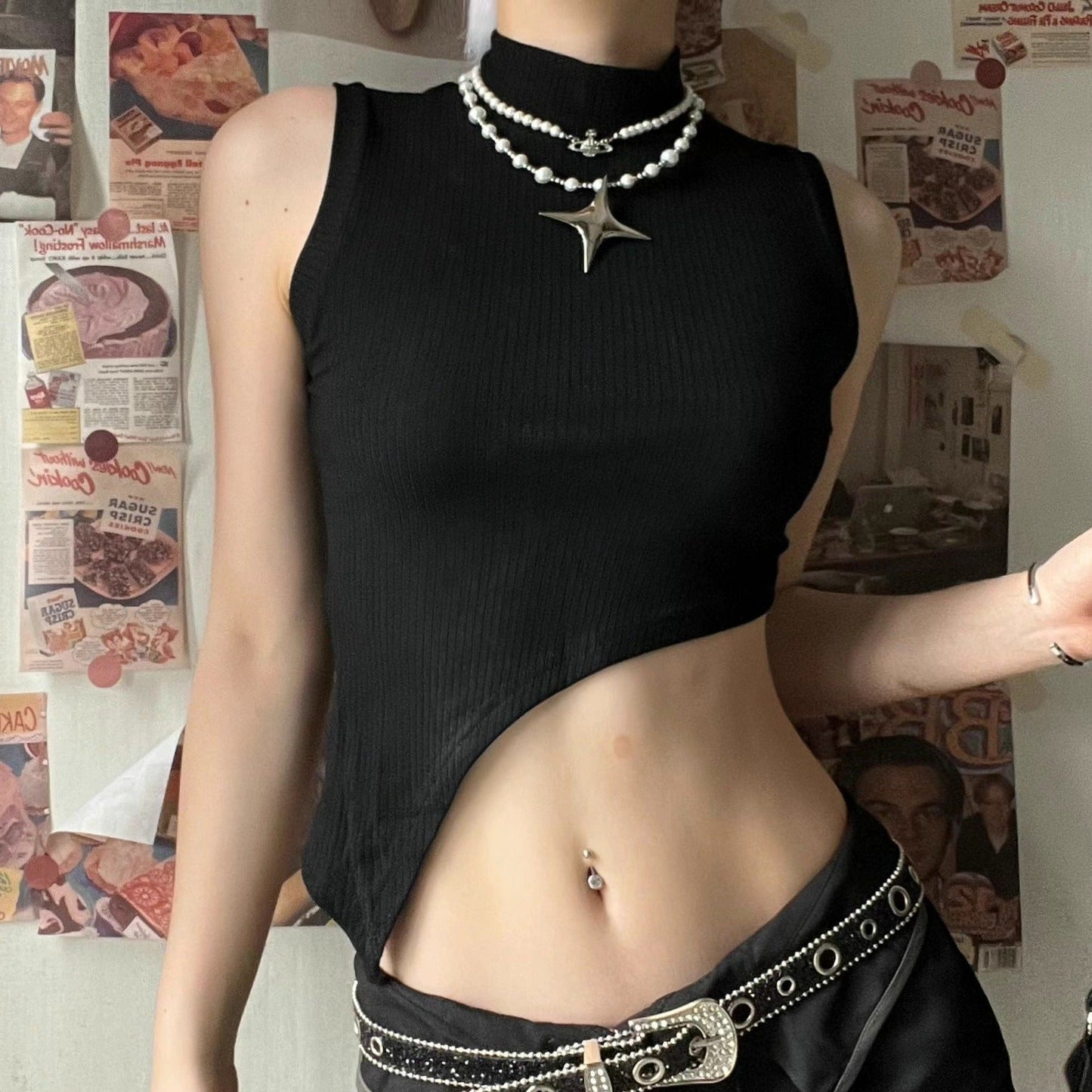 Star applique irregular sleeveless high neck crop top grunge 90s Streetwear Disheveled Chic Fashion grunge 90s Streetwear Distressed Fashion