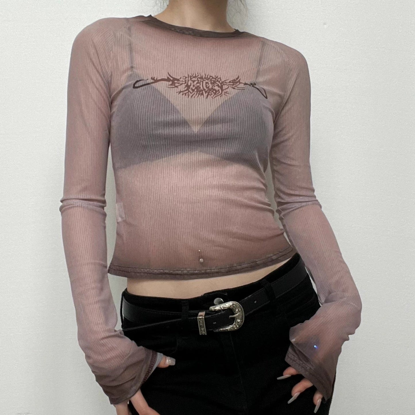 Sheer mesh see through long sleeve gradient abstract crewneck top grunge 90s Streetwear Disheveled Chic Fashion grunge 90s Streetwear Distressed Fashion