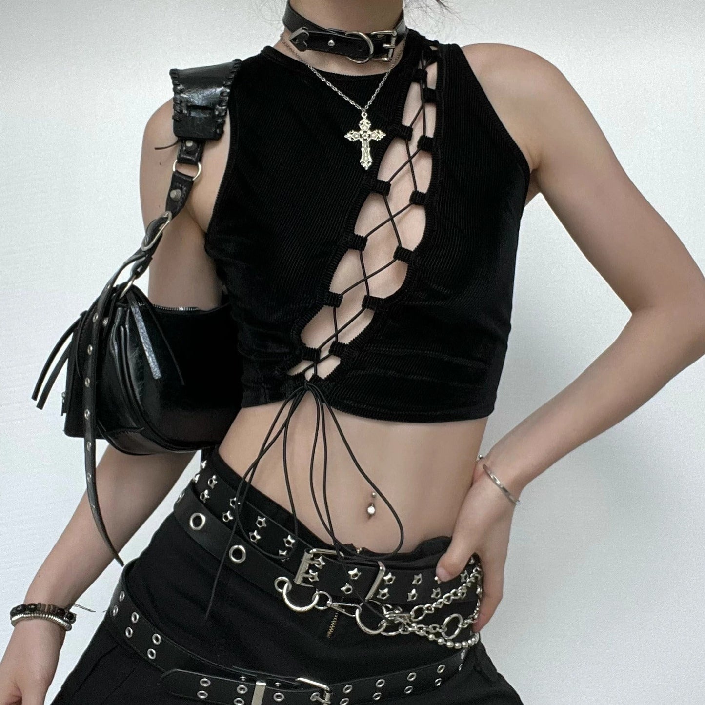 Crewneck lace up sleeveless ribbed crop top goth Alternative Darkwave Fashion goth Emo Darkwave Fashion