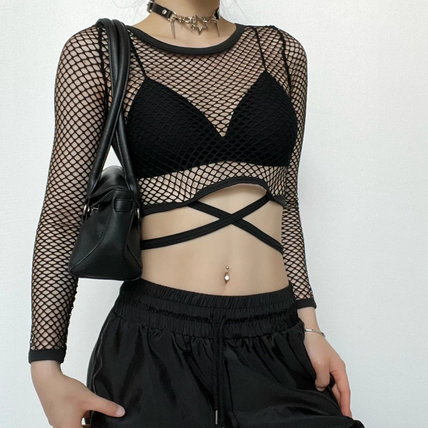 Round neck long sleeve tie back fishnet top goth Alternative Darkwave Fashion goth Emo Darkwave Fashion