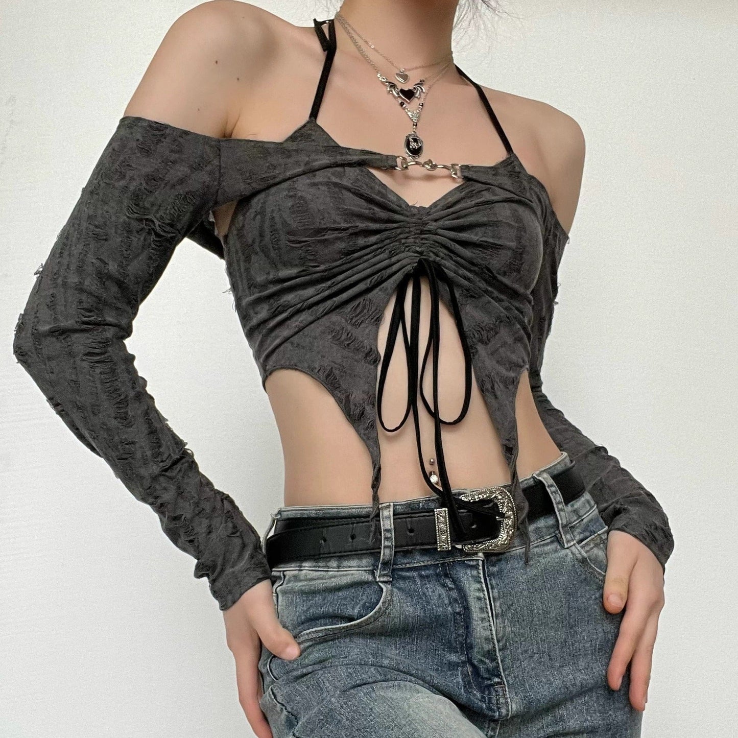 Ruched drawstring long sleeve halter slit off shoulder  2 piece top y2k 90s Revival Techno Fashion