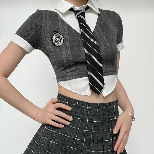 Textured short sleeve patchwork necktie turnover collar crop top y2k 90s Revival Techno Fashion