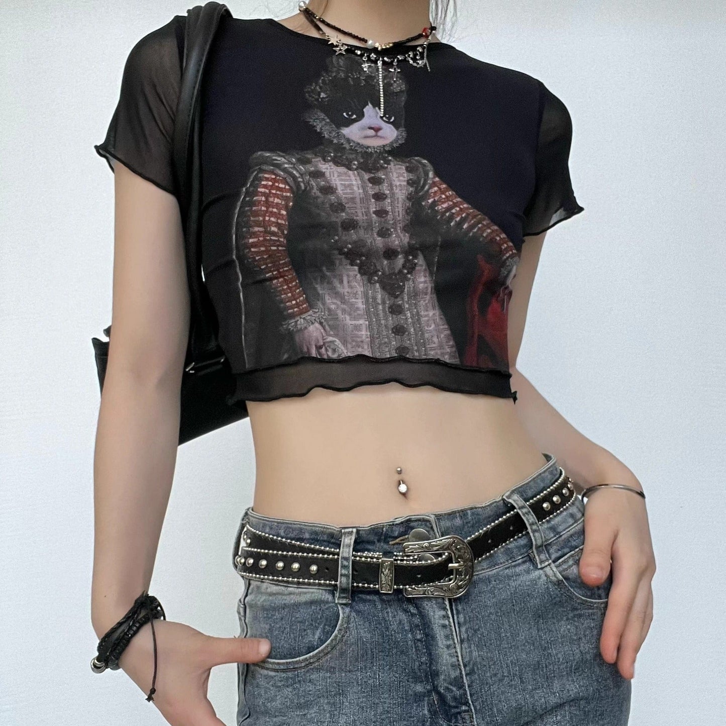 Mesh cat pattern short sleeve ruffle contrast crop top grunge 90s Streetwear Disheveled Chic Fashion grunge 90s Streetwear Distressed Fashion