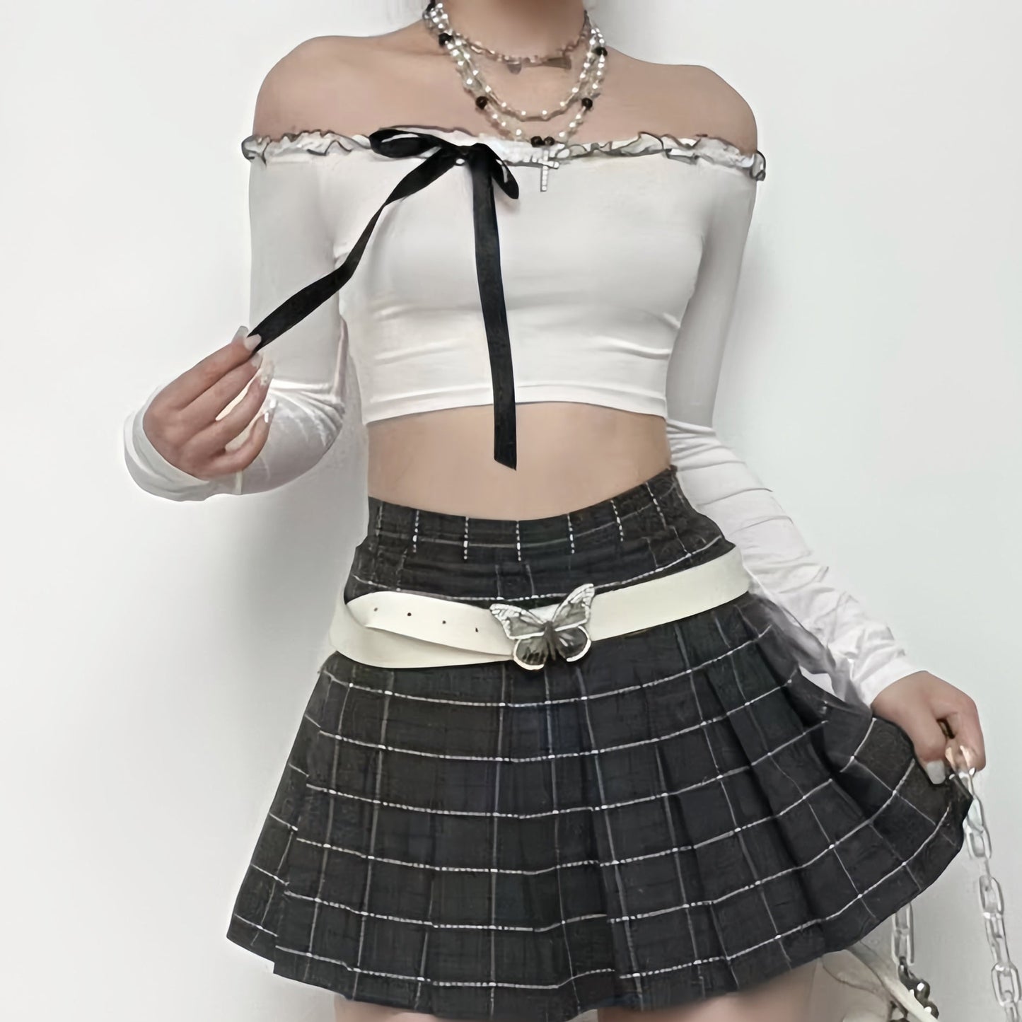 Long sleeve off shoulder ruffle self tie solid crop top y2k 90s Revival Techno Fashion