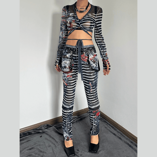 Long sleeve striped dragon print sheer mesh pant set